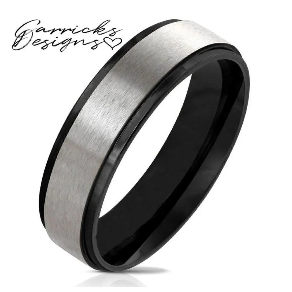 Men's Two Tone Wedding Ring Band Silver and Black - Wedding Ring For Guys